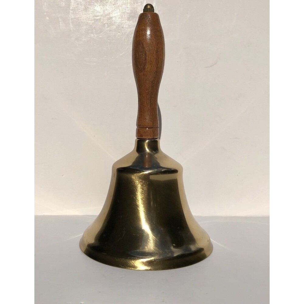 Vintage 8 1/2” Brass Bell With Wooden Handle 5" Diameter Hand Size Table/Desk